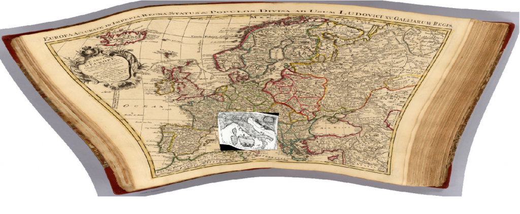 A map of Europe from the mid-18th Century, overlaid with a map of Italy from 1695