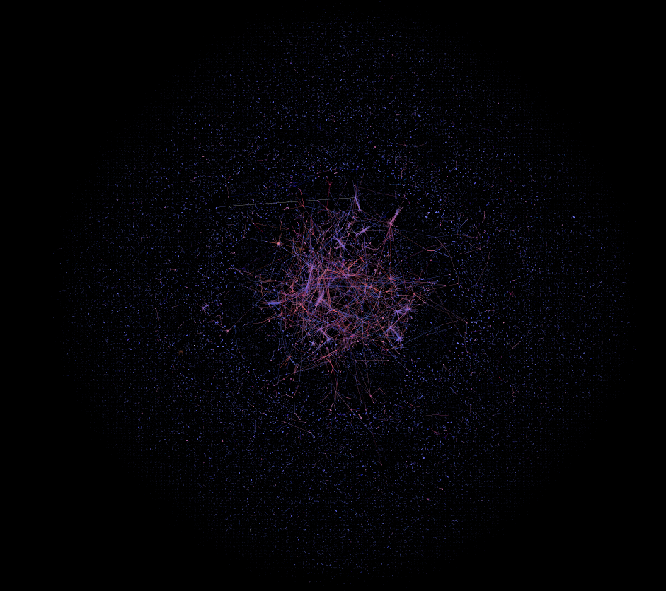 The whole Twitter network, allowed to expand enough to highlight regions