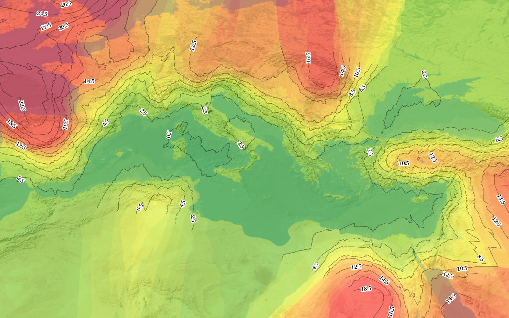 Isophoretric map showing the cost in denarii to transport a kilogram of grain to Rome in January