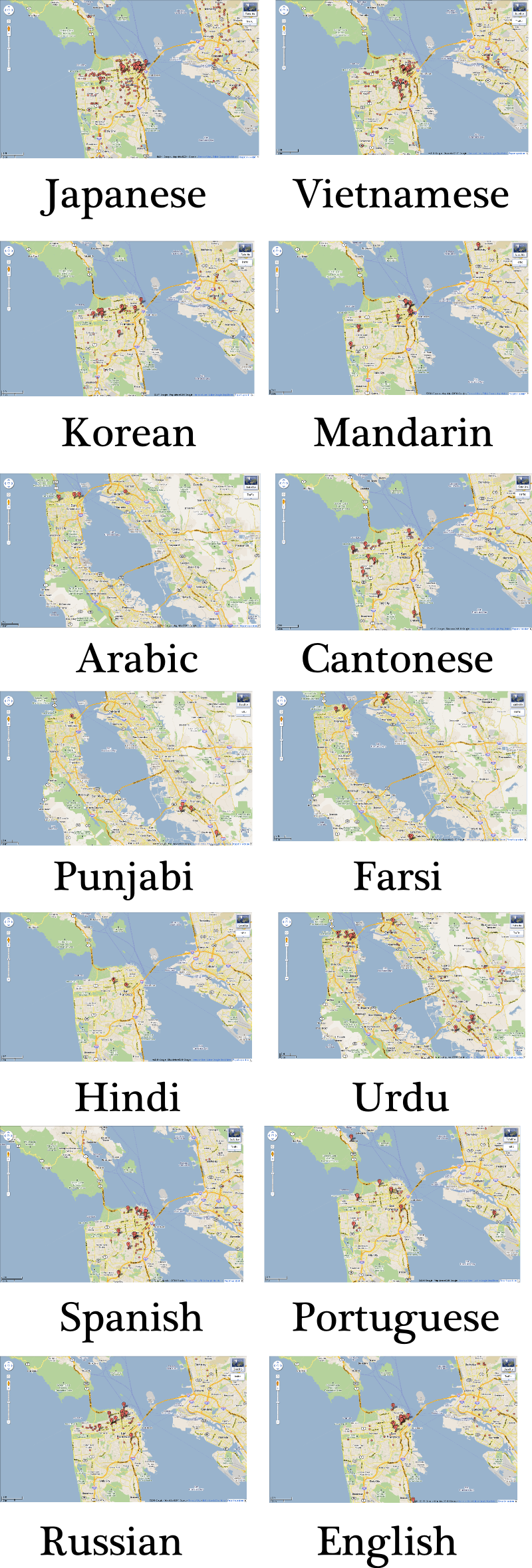 A series of searches of languages in Google Maps