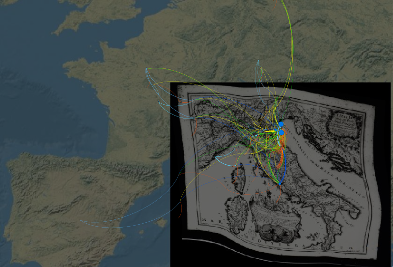 Rectified historical map on modern geography with Venetian network of operas and collaborators