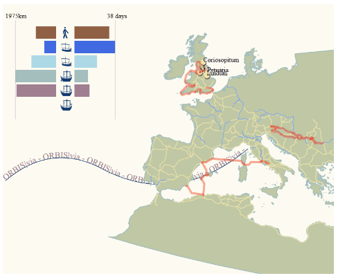 The path of a user's route selection and the summary statistics for the time and distance spent on each mode of travel.