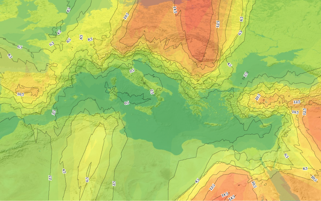 Isophoretric map showing the cost in denarii to transport a kilogram of grain to Rome in July