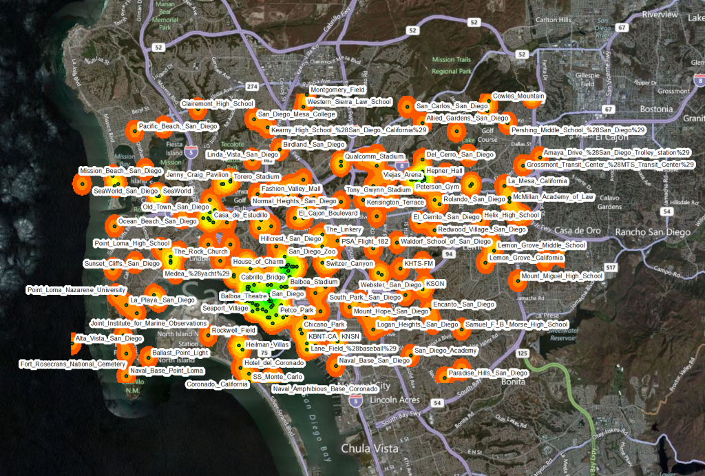 Wikipedia articles located around San Diego (detail)