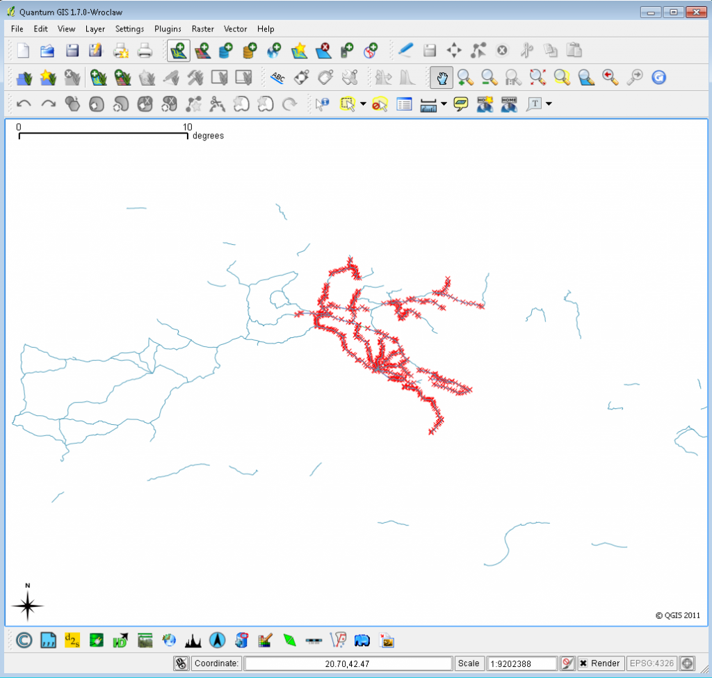 Quantum GIS showing various iterations of Roman roads for the Shape of the Ancient World project