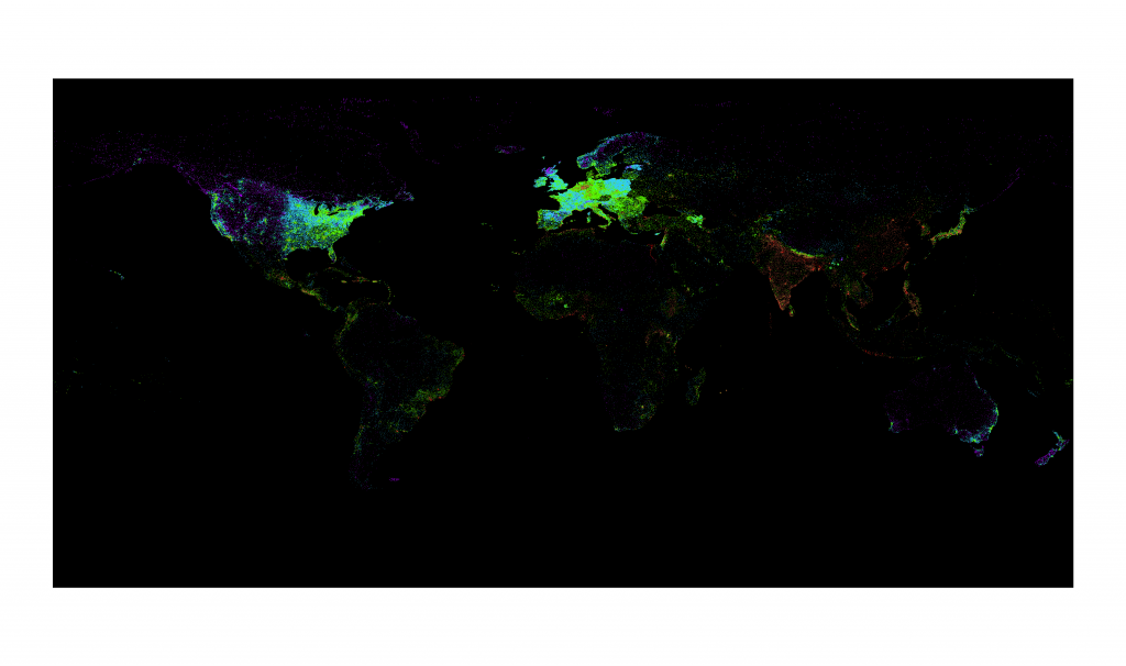 Map of Wikipedia articles to population ratio