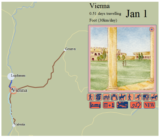 The watercolor vignette signals to the user the mode of travel and the site ranking.