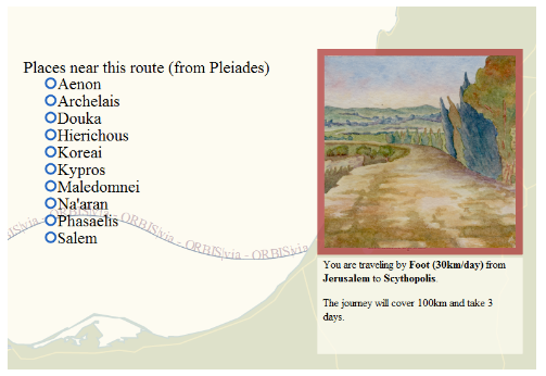 A list of up to ten sites from Pleiades that are located within a 15km buffered zone around the route but not within a 15km buffered zone around the start and destination sites.