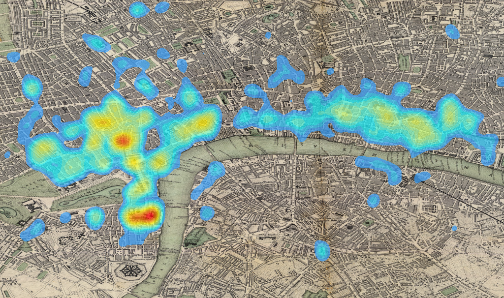 Wikipedia articles located in London, overlaid on a 19th century map of the city