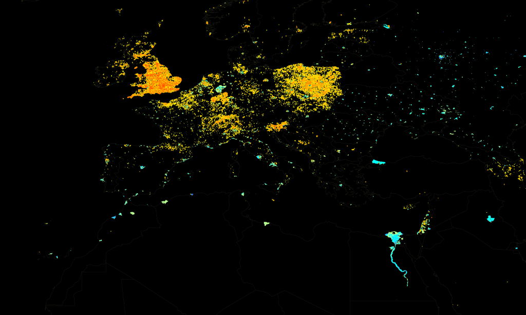 Ratio of population density ranking to Wikipedia article density ranking in Europe, the Middle East and North Africa