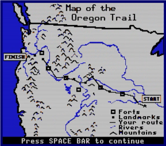The Oregon Trail game map, emphasizing its network characteristics.