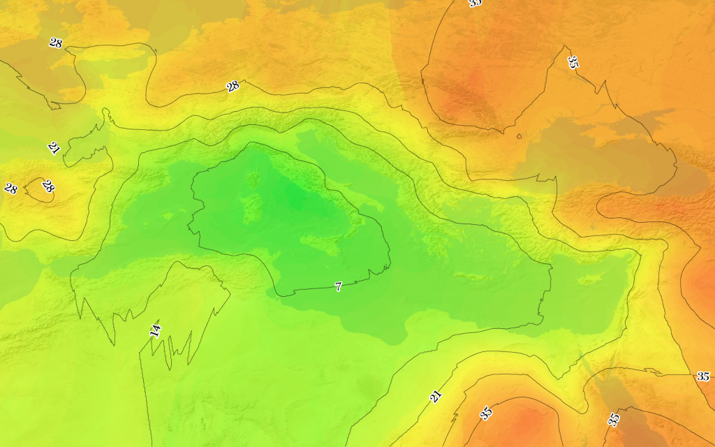 Isochrone map showing time to travel from Rome in July