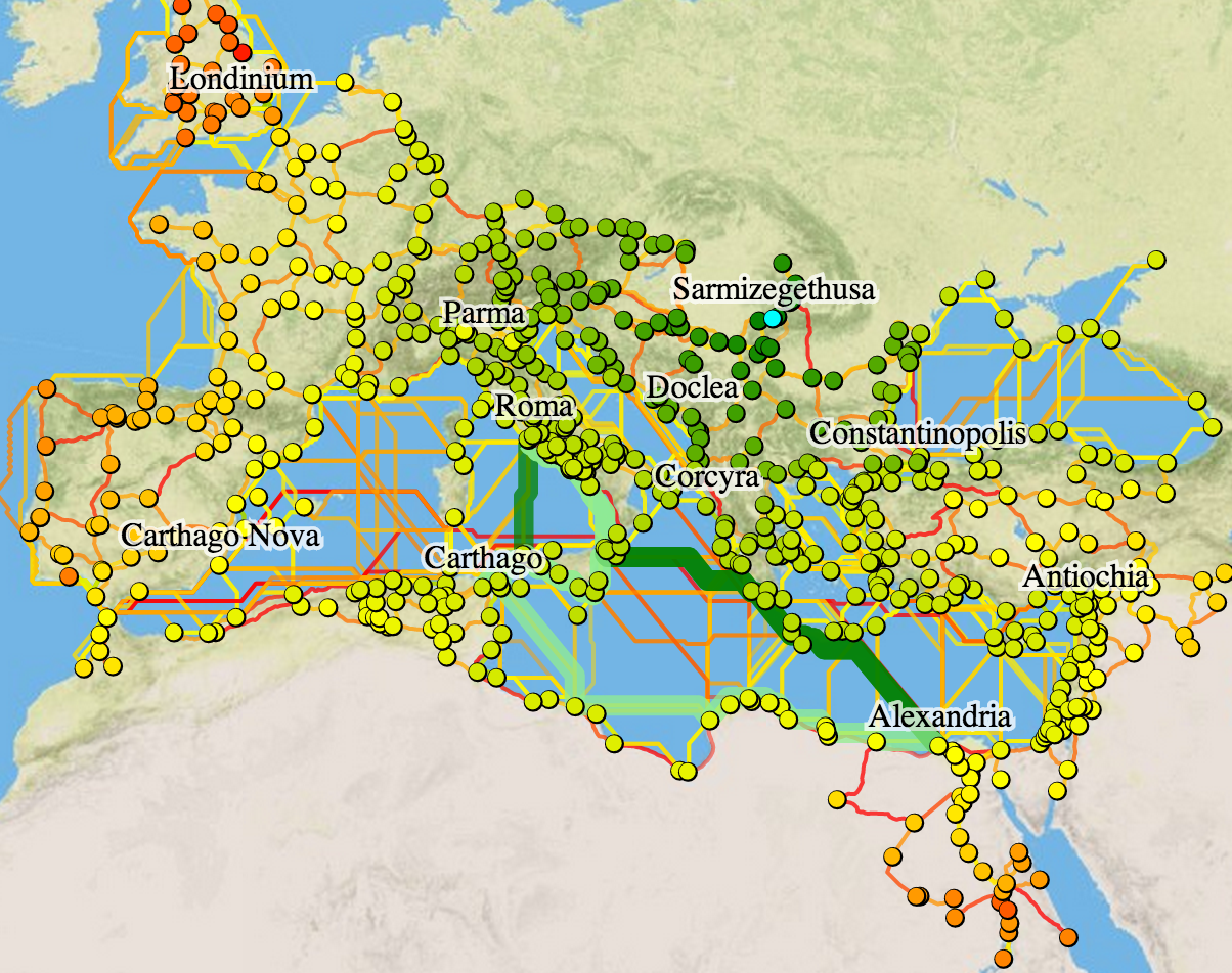 ORBIS v2 showing sites colored by time to travel from Sarmizegethusa