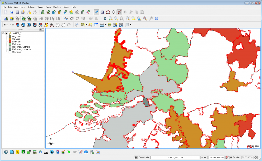 The PostGIS database accessed via QGIS