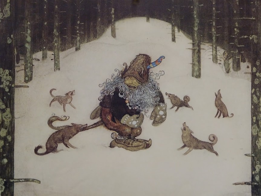 Jon Bauer's illustration of a troll beset by wolves